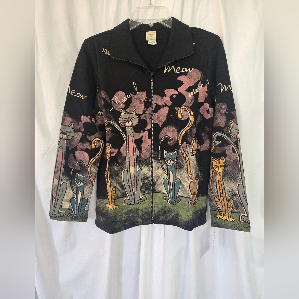 Jess & Jane- Cat Print Black Rhinstone Zip-Up Meow Jacket Size S - Picture 2 of 9